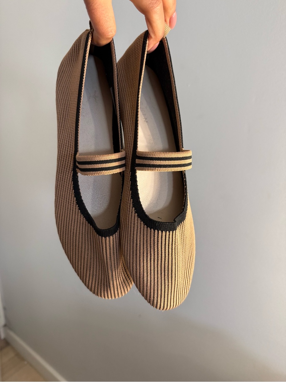 Danskin Tan Knit Mary Jane Flats with Black Trim